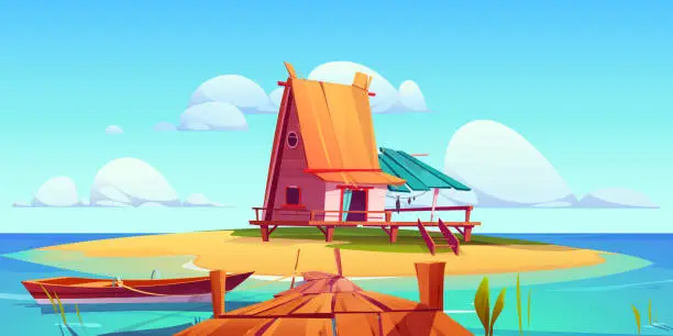 Vector illustration of Cartoon scene with small house on island in ocean
