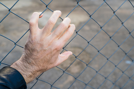 Hand on a metal fence. Border, prison, illegal migration concept. High quality photo