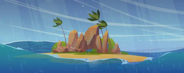 Vector illustration of Small island in stormy sea