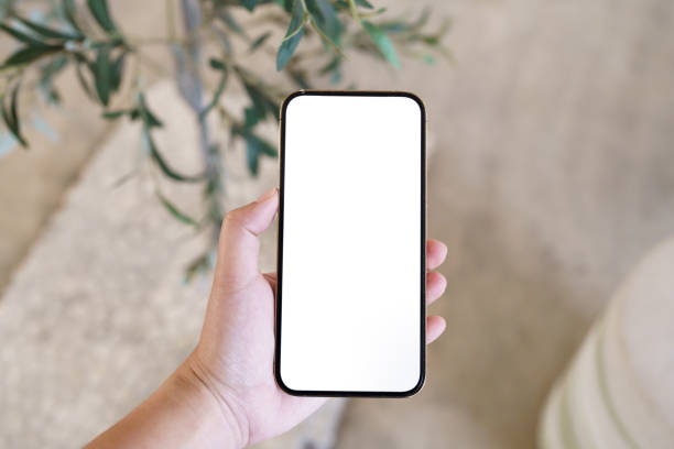 istock Women's hands holding cell telephone blank copy space screen. smartphone with blank white screen isolated. smart phone with technology concept. 1492221373