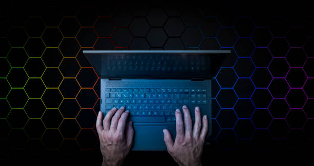 Big data technology background. Using a laptop against the background of visualization of a computer internet network, social connection, analytics, information. Big data technology background. Using a laptop against the background of visualization of a computer internet network, social connection, analytics, information. High quality photo deep pick stock pictures, royalty-free photos & images