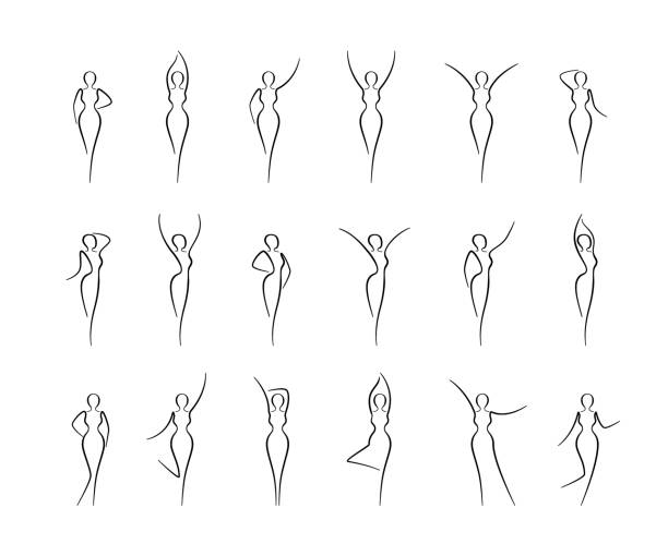ilustraciones, imágenes clip art, dibujos animados e iconos de stock de boceto corporal de mujer, conjunto de iconos de arte lineal. varias poses femeninas esbozan siluetas, modelo, figura. signo abstracto de niña para centro de bienestar, deporte, danza, salón de belleza, spa. ilustración vectorial - cuerpo de bailarina