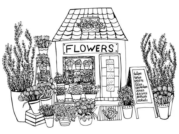 Vector illustration of Coloring page with flower shop