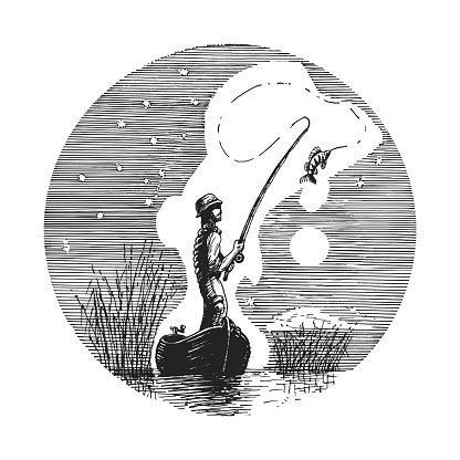 Fisherman in boat with rod and fish at moonlight, hand drawn illustration in vector