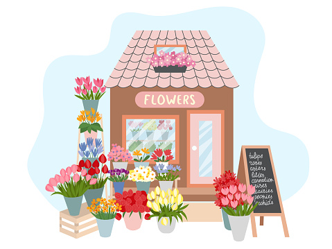 Floral market facade interior illustration. Flat style flower shop decorated with plants and flowers vector illustration.