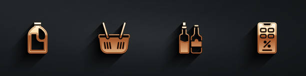 istock Set Bottle for cleaning agent, Shopping basket, Whiskey bottle and Percent discount and mobile icon with long shadow. Vector 1492225808