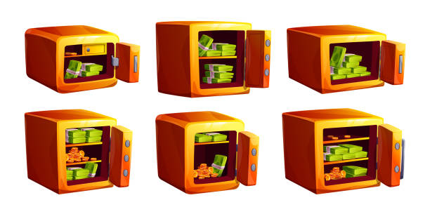 banktresor, goldtresor mit geld öffnen - coin bank cash box safety deposit box lock stock-grafiken, -clipart, -cartoons und -symbole