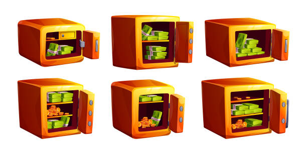 illustrazioni stock, clip art, cartoni animati e icone di tendenza di scatola del caveau della banca, cassaforte d'oro aperta con denaro - coin bank cash box safety deposit box lock