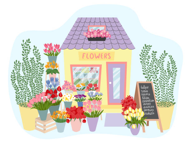 ilustrações de stock, clip art, desenhos animados e ícones de vector flower shop - florist flower market flower store