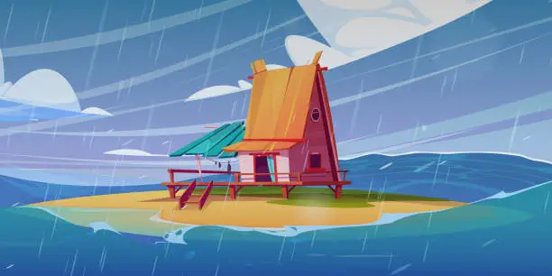 Vector illustration of Fisherman house on island beach, sea storm vector