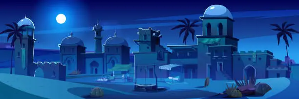 Vector illustration of Night ancient arab city, desert cartoon landscape