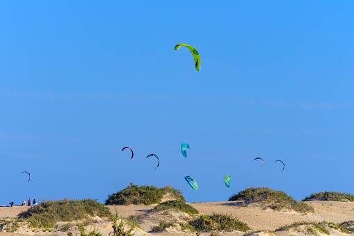Corralejo, Fuerteventura, Spain - 3. January 2023: Kites for kite surfing on Corralejo beach.
