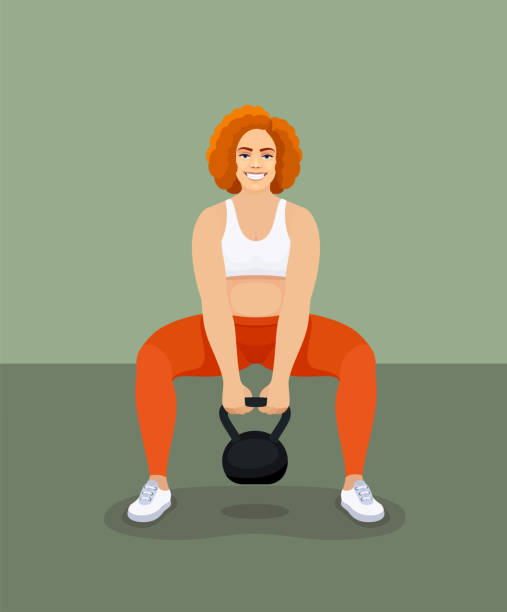 fit kobieta podnosząca ciężki dzwonek czajnika na siłowni. - kettle bell activity aerobics athlete stock illustrations