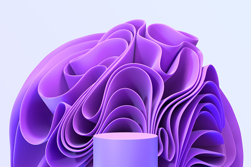 Podium with purple layered ruffles folded in shape flower 3d render. Blank platform with wavy cloth and gradient texture on blue background for display cosmetic product, mockup banner. 3D illustration