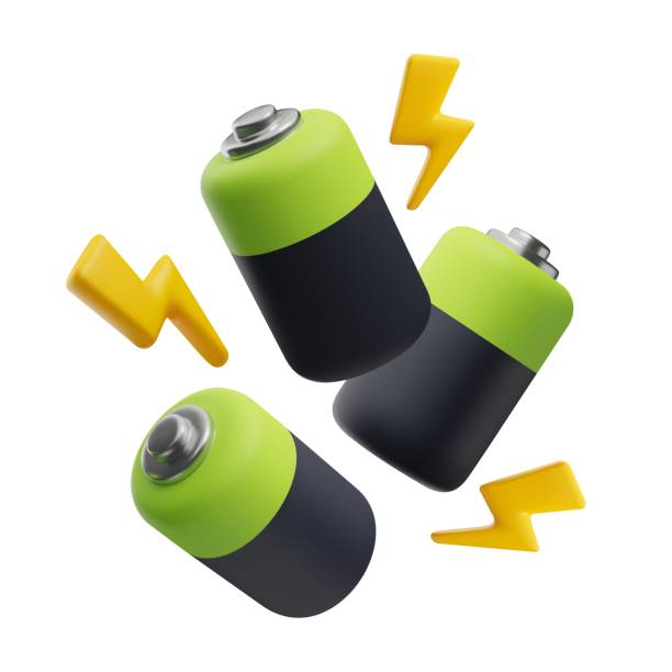 Black green batteries and lightnings 3D style, vector illustration Black green batteries and lightnings 3D style, vector illustration isolated on white background. Decorative design element, power and energy, modern technologies thunder bolt 3d stock illustrations