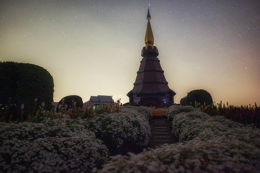 Milky Way over Phra Mahathat Napamonon and Phra Mahathat Napapamsir at Doi Inthanon, Chiang Mai, Thailand