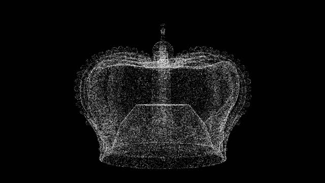 3D Imperial Crown rotates on black background. Object made of shimmering particles. Science history concept. For title, text, presentation. 3d animation 60 FPS.