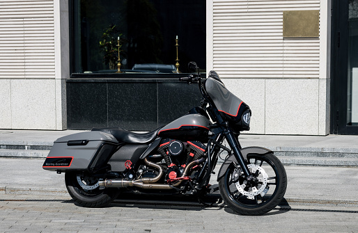 Minsk, Belarus, May 2023 - Super bike Harley Davidson. Modern motorcycle. custom bike