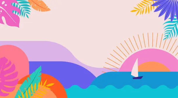 Vector illustration of Colorful Geometric Summer Landscape Background, poster, banner. Summer time fun concept design promotion design