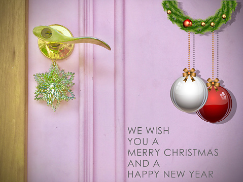 The Pink Door of Christmas Happy New Year. The Door for Celebration Party welcomes.The Door for the Best Neighborhood welcomes. Abstract Elegance Jubilee Background and Banner Festival.