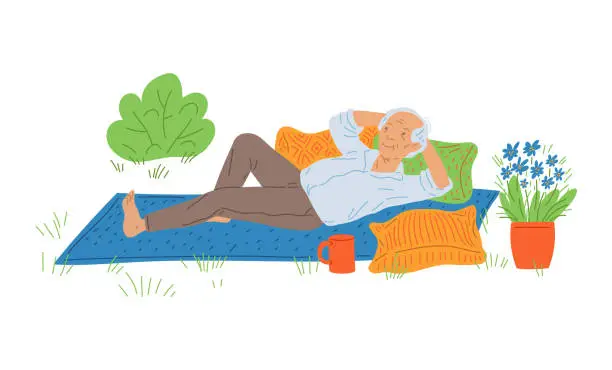 Vector illustration of Smiling elderly man resting on plaid outdoor flat style