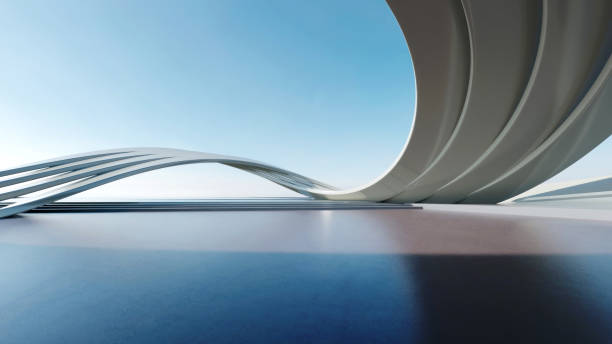 renderização 3d de arquitetura futurista abstrata com piso de concreto vazio. - horizonte - fotografias e filmes do acervo