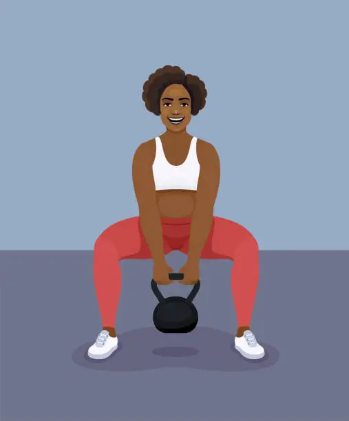 Vector illustration of Fit woman lifting heavy weight kettle bell at gym.