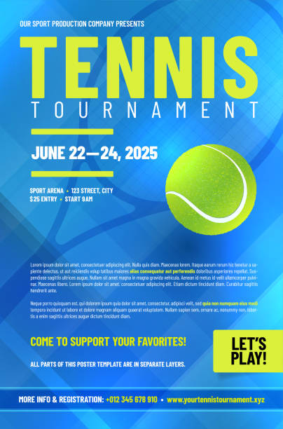 szablon plakatu turnieju tenisowego z sylwetką piłki i rakiety - tennis ball tennis racket tennis vertical stock illustrations