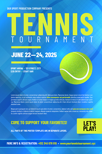 Tennis tournament poster template with ball and racket silhouette - vector illustration