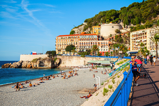 NICE, FRANCE - SEPTEMBER 25, 2018: Plage Blue Beach is a main beach in Nice city, Cote d'Azur region in France