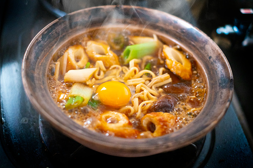 Miso nikomi udon is thick udon noodles stewed in miso broth and that is very popular in Nagoya area.