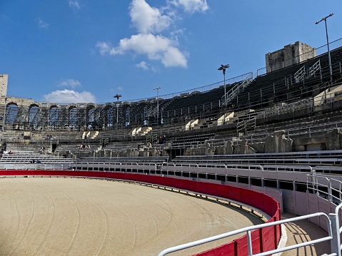 Arles, May 2023 : Visit the beautiful city of Arles en Provence - Historical city with its arena and ancient theater - View on the arena