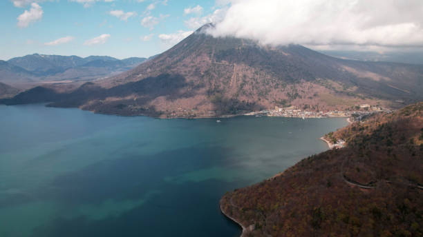 Lake Chuzenji and Kegon Falls view in japan, Tochigi prefecture, near Nikko she stock photo