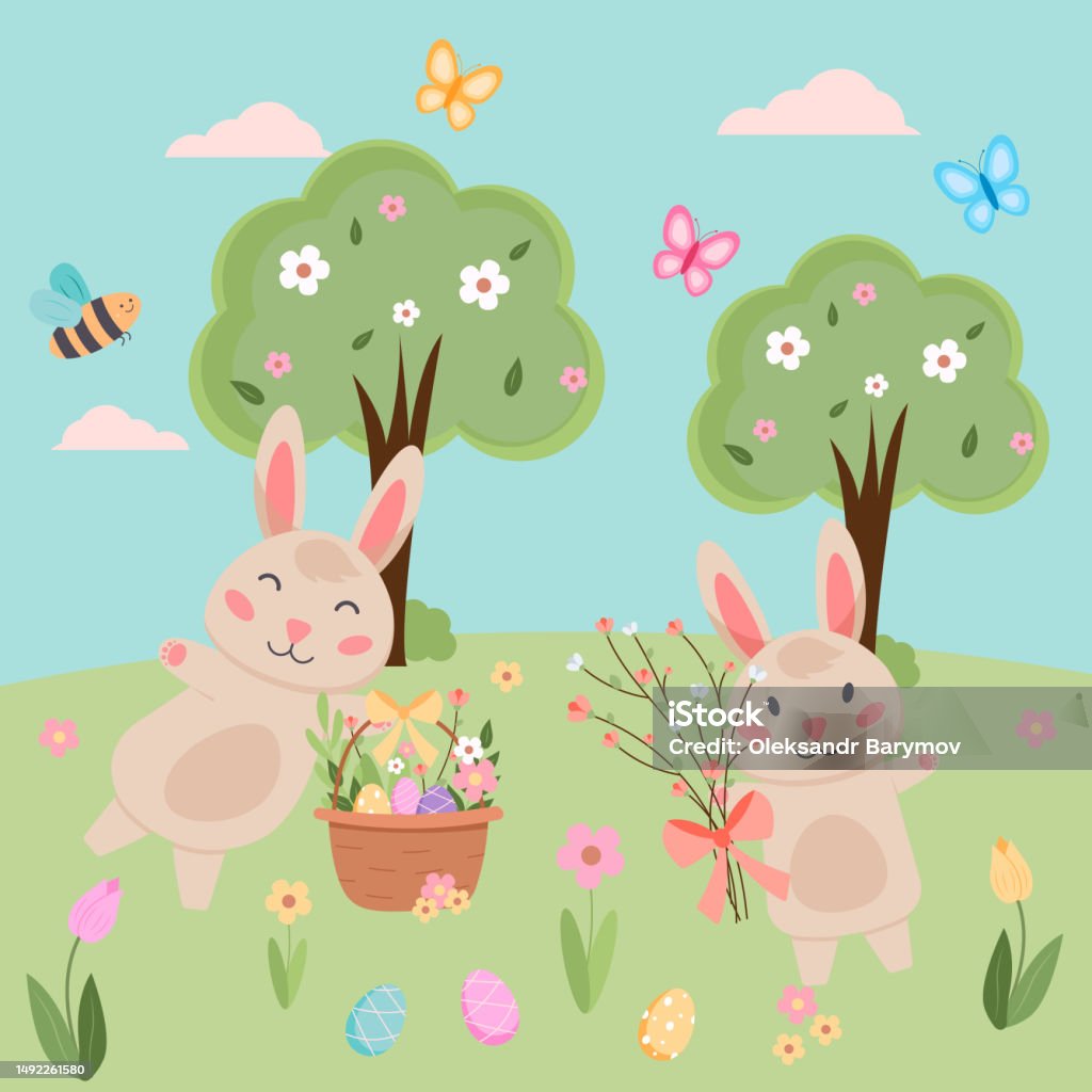 Easter Spring Vector Easter Spring Vector With Cute Bunnies Eggs Birds Bees Butterflies Hand ...