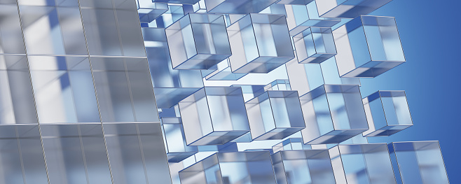 Futuristic background. Blocks of their glass. Building. Data background. Glass background. Glass building concept. 3d render.
