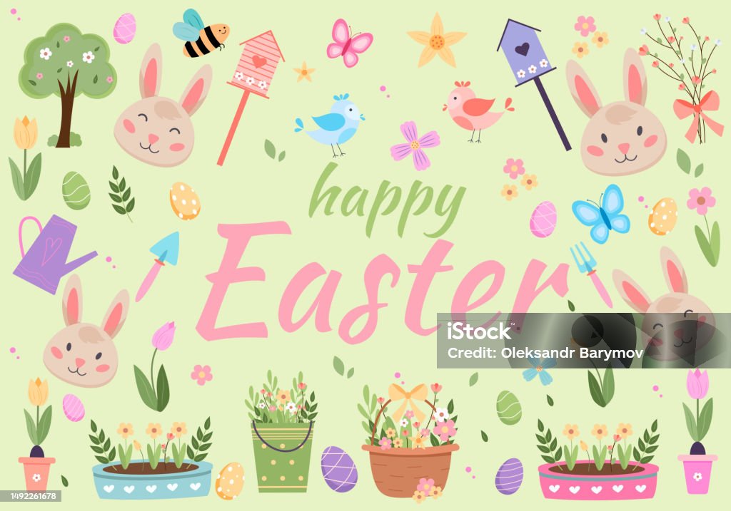 Easter Spring Vector Easter Spring Vector With Cute Bunnies Eggs Birds Bees Butterflies Hand ...