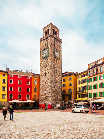 RIVA DEL GARDA, ITALY - APRIL 13, 2019: Riva del Garda central square. Riva is a town at the northern tip of the Lake Garda in the Trentino Alto Adige region in Italy.