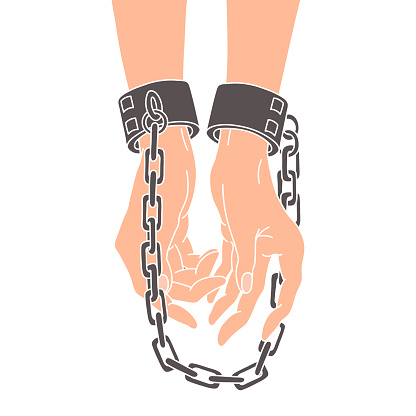 Women's hands in a chain. The concept of national slavery and human trafficking. Illustration, vector.