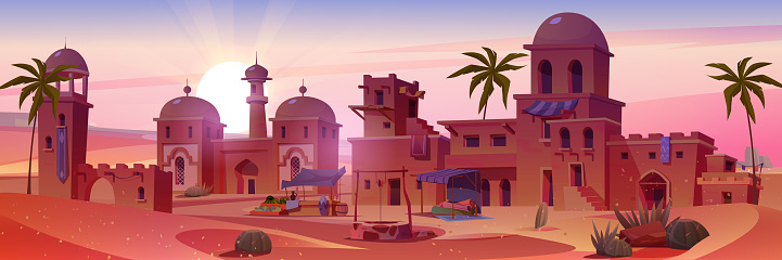 Ancient arab city in desert at sunset. Vector cartoon illustration of sandy town with traditional yellow houses, market trade, antique palace, Muslim mosque building and palms. Travel game background