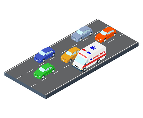 Isometric scene of cars and ambulance in highway traffic road