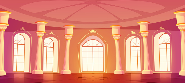 Ballroom interior in royal castle or palace. Medieval building room for balls, dance, wedding banquet with windows and columns in baroque style, vector cartoon illustration
