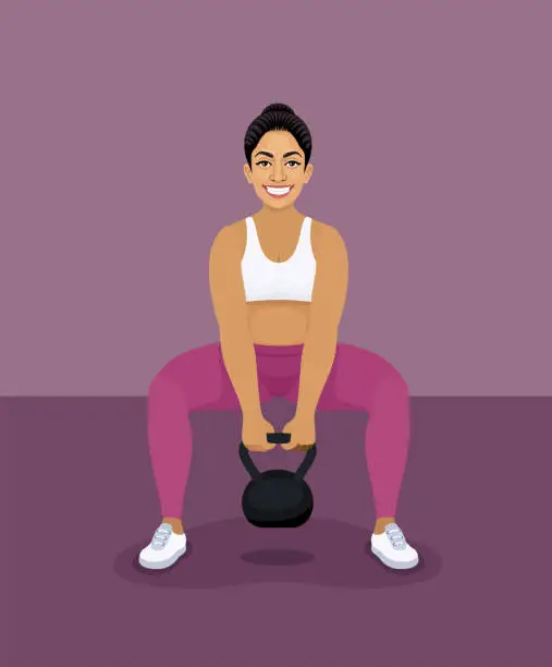 Vector illustration of Indian woman lifting heavy weight kettle bell at gym.