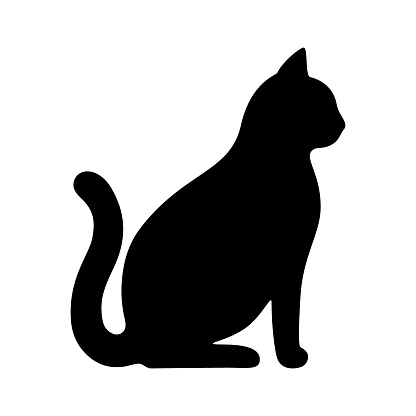 Cat sit black silhouette, domestic pet. Profile cat for print, card, sticker. Vector illustration