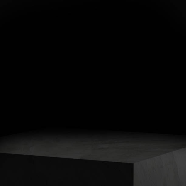 3D Black geometric stage podium. Dark background.