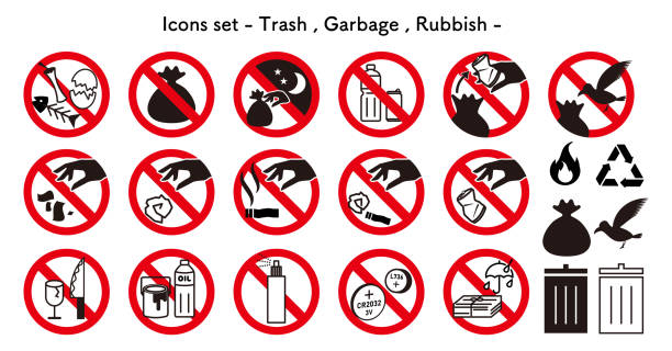 ilustraciones, imágenes clip art, dibujos animados e iconos de stock de conjunto de iconos de "prohibido", "precaución" y "advertencia" relacionados con la basura - colilla