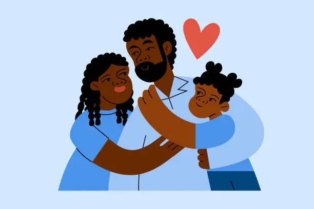 Vector illustration of A Single Black Dad Hugs His Two Daughters Lovingly