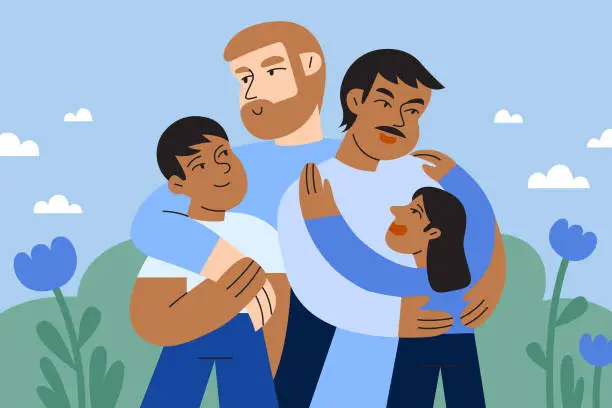 Vector illustration of Two Gay Multiracial Dads Hug Their Son and Daughter Together