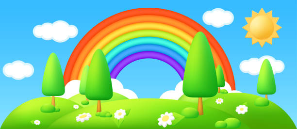 istock 3D plastic vector illustration of a beautiful countryside landscape with green hills, sun, flowers, and a rainbow in the sky. Perfect for children's designs, banners, and templates. Cartoon meadow. 1492270966