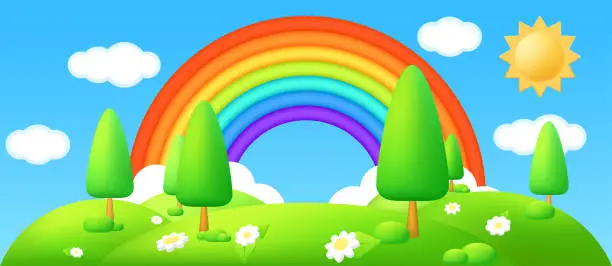 Vector illustration of 3D plastic vector illustration of a beautiful countryside landscape with green hills, sun, flowers, and a rainbow in the sky. Perfect for children's designs, banners, and templates. Cartoon meadow.