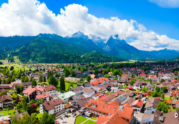 istock Garmisch-partenkirchen town aerial panoramic view, Germany 1492272296